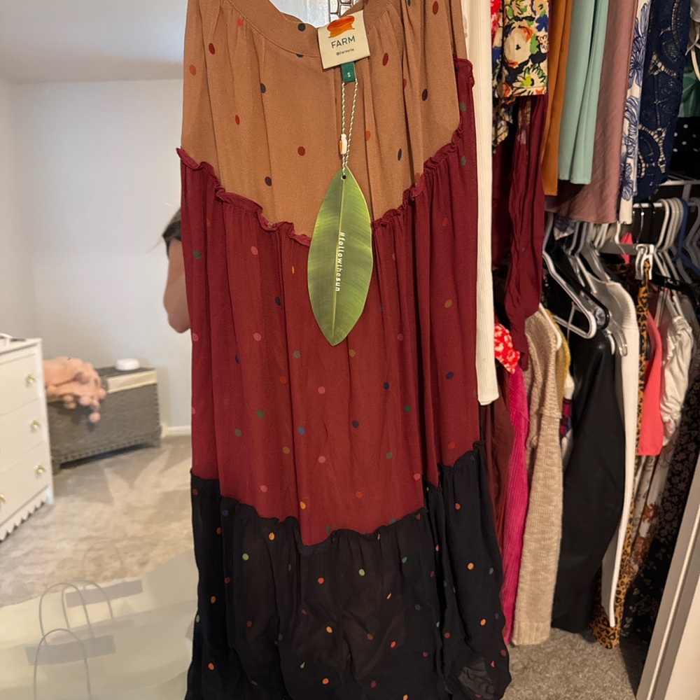 FARM Rio Multicolor Polka Dot Colorblock Tiered Maxi Dress